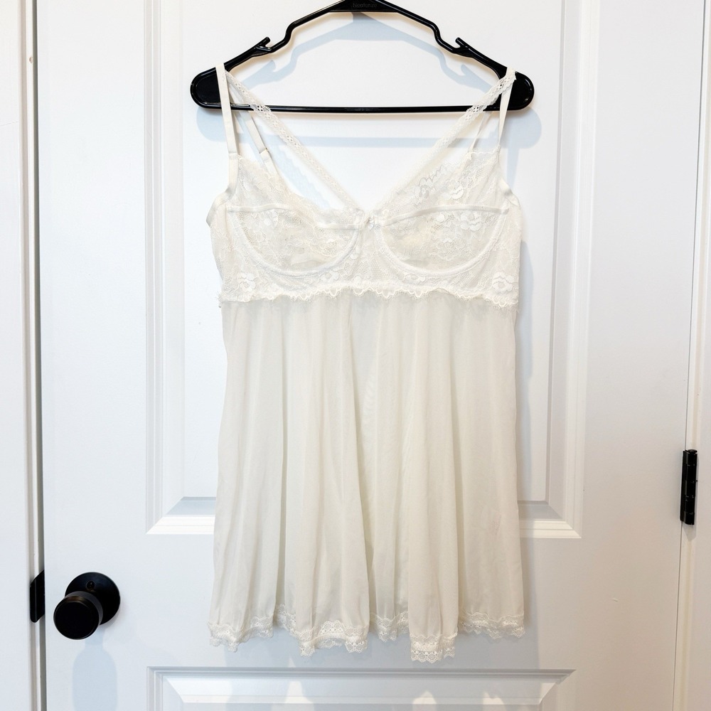 Vintage Womens White Sheer Lingerie Top XL 90s Wedding Engagement Babydoll Lace